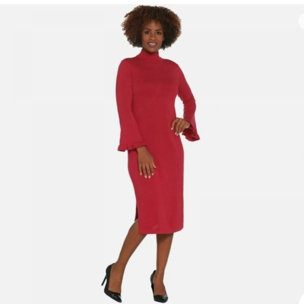 Isaac Mizrahi Live! Plus size Bell Sleeve red Sweater Dress 3XP mock neck midi